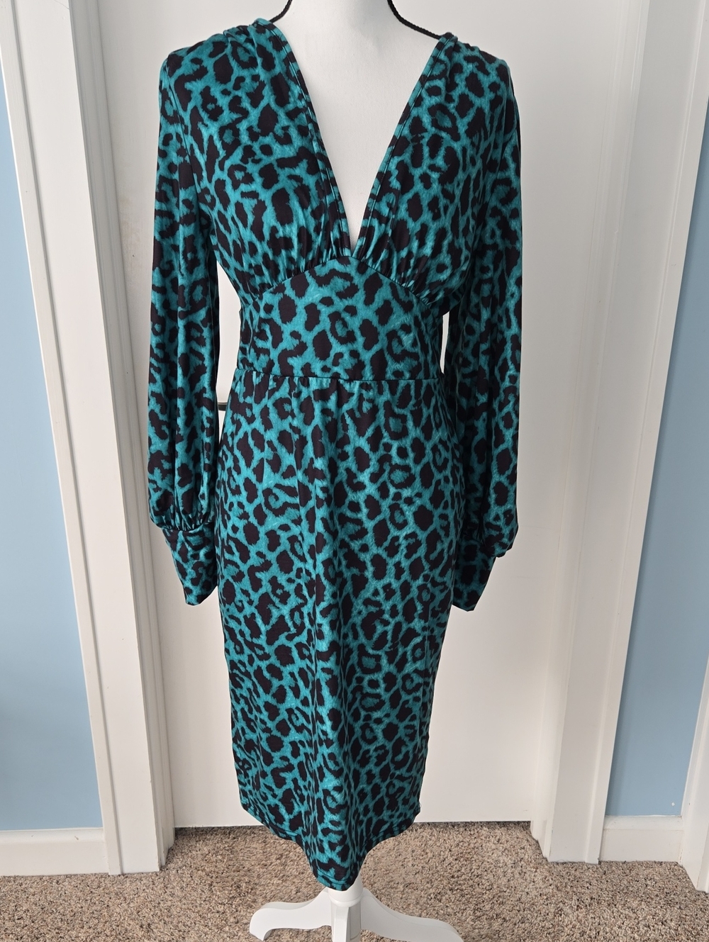 SHEIN EMERALD GREEN Black Leopard Print Long Sleeve Bodycon V-Neck Midi Dress L